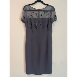 Maggy London Beaded Mesh Yoke Sheath Cocktail Dress Grey Floral Sequin Size 4